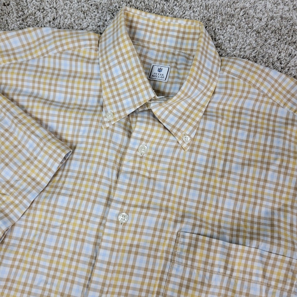 Peter Millar Mens Medium Brown Plaid Check Button Down Short Sleeve